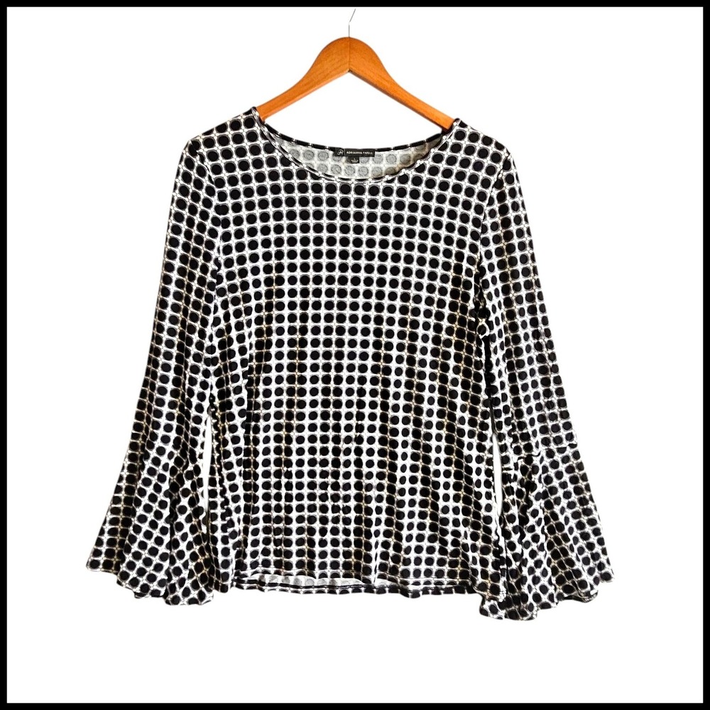 Adrianna Papell Blouse Bell Sleeve Black White Polka Dot Top Size L